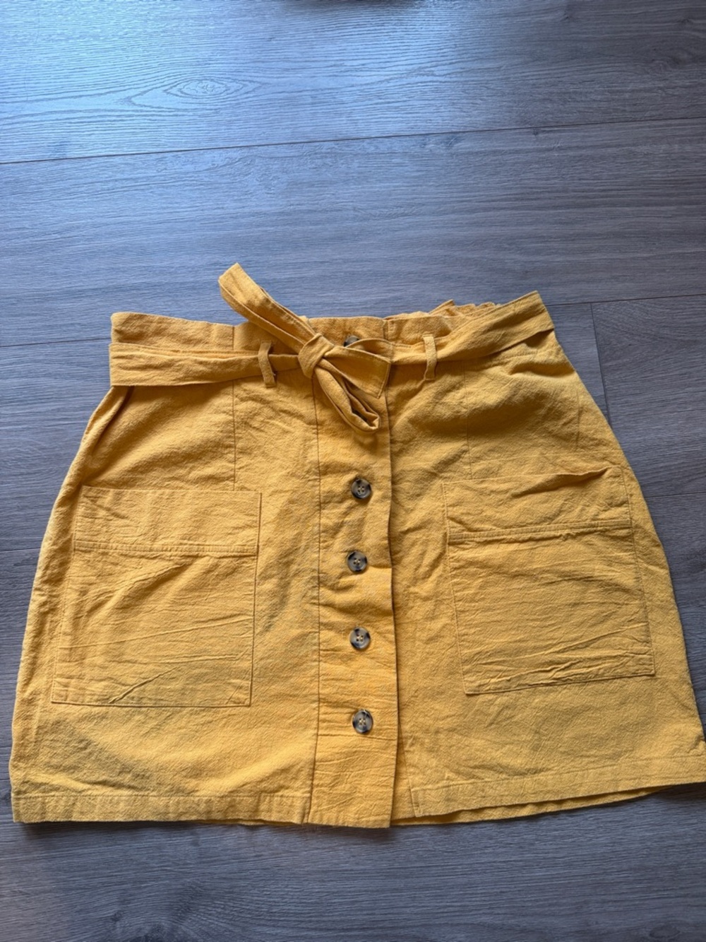 Hesperus XL Women’s Button-Front Mustard Yellow Linen Skirt with Tie Waist